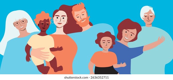 Multicultural Authentic Family with several generations of people, flat vector stock illustration with grandparents, parents and cute children