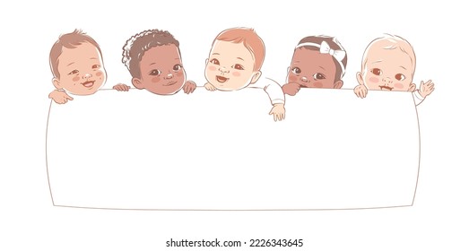 Multicultural babies hold a blank board. Group of cute newborn children on a white background with poster. Show a blank poster for text entry. Banner. Cartoon Vector illustration. Isolated.