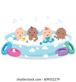 Multicultural babies playing in the inflatable pool
