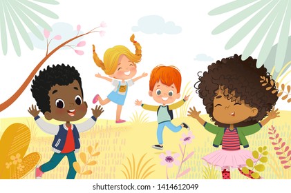 Niños y niñas multiculturales saltan alegremente. Los niños juegan en los pasillos. Flores y árboles coloridos al fondo. Niños Manteniendo las manos y