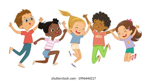 Multicultural boys and girls play together, happily jump and dance. Concept of fun and vibrant moments of childhood. Vector illustrations.