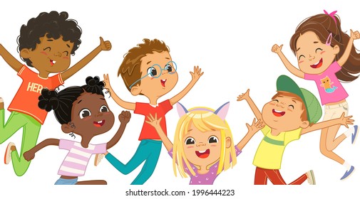 Multicultural boys and girls play together, happily jump and dance. Concept of fun and vibrant moments of childhood. Vector illustrations.