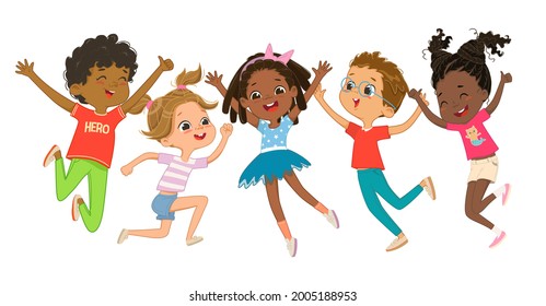 Multicultural boys and girls play together, happily jumping and dancing fun against the background. Children are having fun. Colorful cartoon characters. Vector illustrations