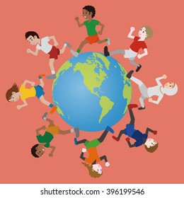 multicultural boys and girls running around the earth, track and field, football, soccer, worldwide friendship, vector
