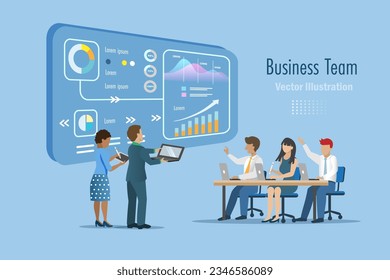 Multicultural business team brainstorming, analyzing business graph chart in conference meeting. Business analysis and development for company success growth and achievement. Vector flat design.