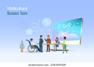 Multicultural business team brainstorming and discussing business graph chart on computer. Diversity employees with man on wheelchair, LGBT and multiethnic.