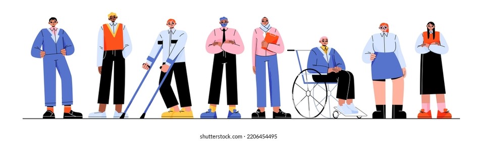 Multicultural Business Team With People With Disabilities. Group Of Diverse Employees, African American, Asian And Muslim Characters, Men On Wheelchair And Crutches, Vector Flat Illustration