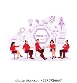Multicultural businessmen sit together, stating their vision and mission in the office. Vision Statement concept. Trend Modern vector flat illustration