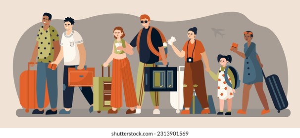 Multicultural cartoon tourists with trolley bags and suitcases waiting to board plane. Men and women at airport ready to travel aboard. Flat vector illustration in warm colors