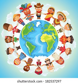 Multicultural character on planet earth cultural diversity traditional folk costumes. Different culture standing together holding hands. Unity people from around the world. Vector illustration