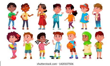 Multicultural Characters Children Kids Set Vector. Design Collection Of International Asian, African, European Smiling Children Little Boy And Girl. Childhood Flat Cartoon Illustration