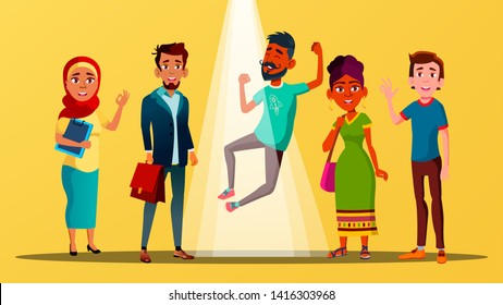 Multicultural Characters Happy For Vacancy Vector. Laughing Group Of International Young Man And Woman Got Vacancy Professional Job In Company. Bright Design Flat Cartoon Illustration