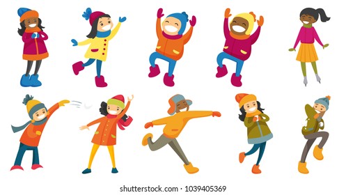 Multicultural Children And Adults Set. People Playing Snowball Fight, Having Fun In Snow In Winter And Ice Skating On Ice Skating Rink. Set Of Vector Cartoon Illustrations Isolated On White Background