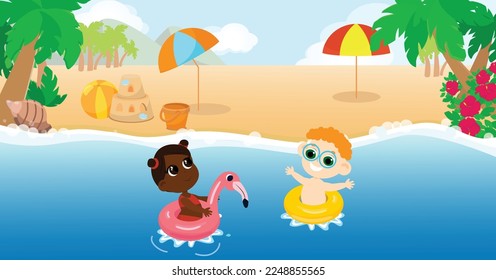 Multicultural children boy and girl play in the water on the beach in inflatable circles and on a water scooter. Children are happy and cheerful. Horizontal banner in cartoon style.