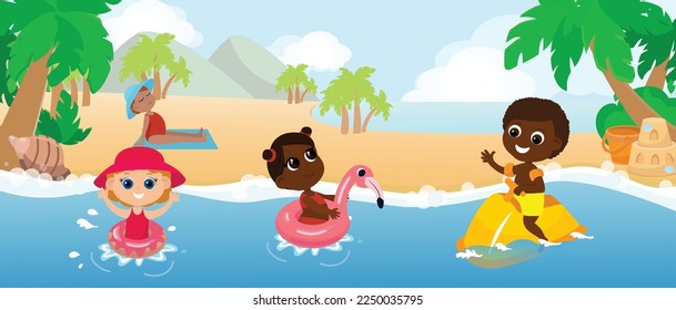 Multicultural children boy and girl play in the water on the beach in inflatable circles and on a water scooter. Children are happy and cheerful. Horizontal banner in cartoon style.
