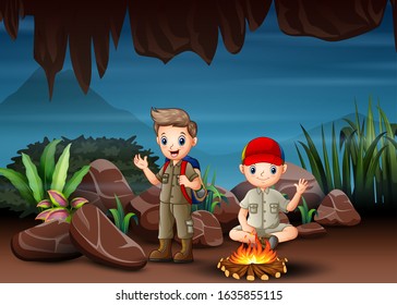 The multicultural children camping in cave