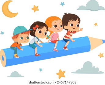 Multicultural Children Fly While Sitting Astride a Blue Pencil. Clouds And Stars in the Background. Imagination And Cognition Concept.