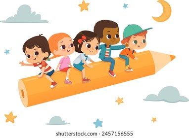 Multicultural Children Fly While Sitting Astride a Yellow Pencil. Clouds And Stars in the Background. Imagination And Cognition Concept.