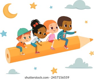 Multicultural Children Fly While Sitting Astride a Yellow Pencil. Clouds And Stars in the Background. Imagination And Cognition Concept.