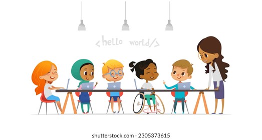 Multicultural children and friendly female teacher are learning together coding during informatics lesson. School inclusive education concept. Vector illustration for website, advertisement.