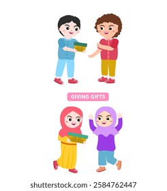 Multicultural children giving gifts to celebrate ramadan kareem. Muslim kids perform good deeds to each other. Islamic vector illustration for education.