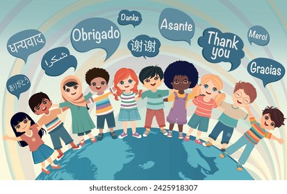 Niños multiculturales abrazados y procedentes de diferentes naciones y continentes. Burbujas de voz con texto -gracias- en varios idiomas internacionales. Comunicación. Igualdad