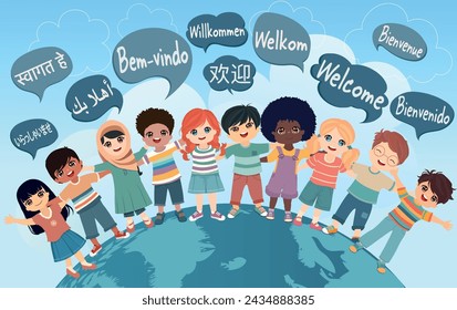 Niños multiculturales abrazados y procedentes de diferentes naciones y continentes. Burbujas de voz con texto -Bienvenido- en varios idiomas internacionales. Igualdad - diversidad - inclusión