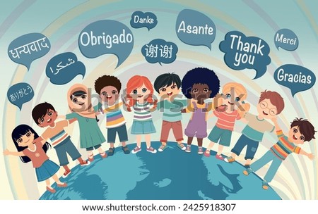 Multicultural children hugging and coming from different nations and continents. Speech bubbles with text -thank you- in various international languages. Communication. Equality