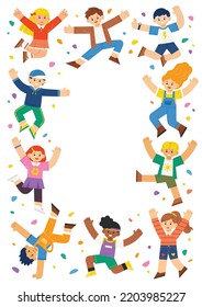 Multi-Cultural children jumping together. Template for advertising brochure. 