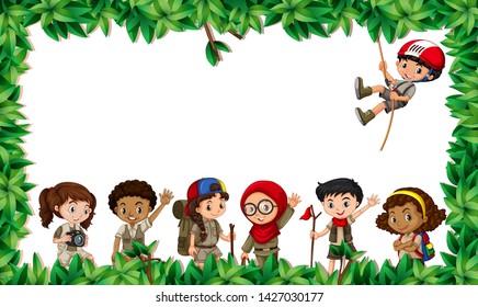 Multicultural children in leaf scene illustration