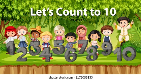 Multicultural children and number in jungle background illustration