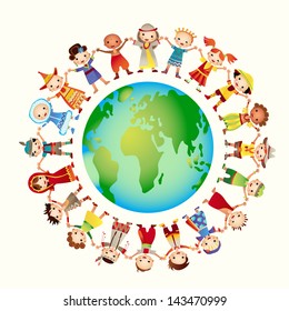 multicultural children on planet earth, cultural diversity, traditional folk costumes. Earth is my friend. Group of children around the world.