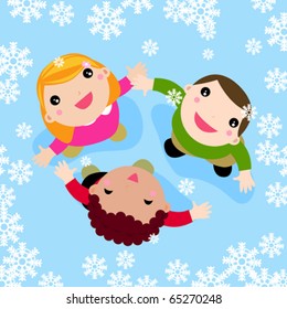 Multicultural children playing in the falling snow