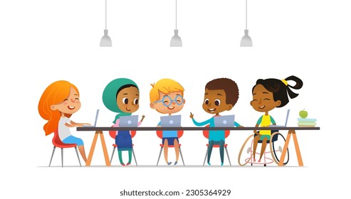 Multicultural children sitting at laptops and learning coding during informatics lesson. School inclusive education concept. Vector illustration for website, advertisement.