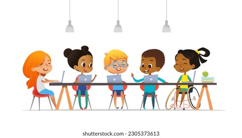 Multicultural children sitting at laptops and learning coding during informatics lesson. School inclusive education concept. Vector illustration for website, advertisement.