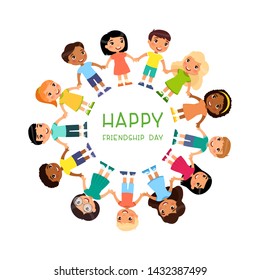 Multicultural children are standing around. Friendship Day or Children's Day. Cute cartoon characters.
