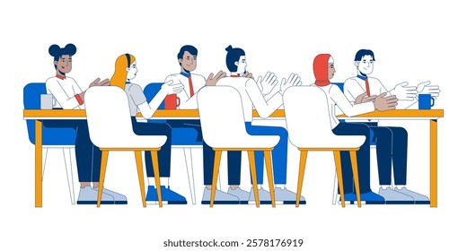 Multicultural colleagues clapping applauding at table 2D cartoon characters. Teamwork meeting. Applause business adults isolated people flat vector on white background. Spot illustration colorful