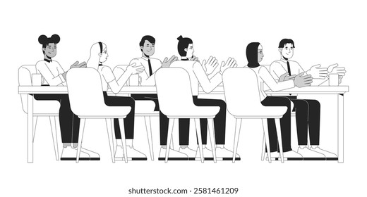 Multicultural colleagues clapping applauding at table black and white 2D line characters. Teamwork meeting. Applause business adults isolated vector outline people. Monochromatic spot illustration