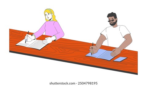 Multicultural college classmates writing lecture 2D cartoon characters. Multiethnic young adults isolated flat vector people white background. University class studying color spot illustration