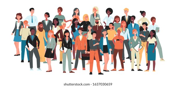 Multicultural community - big crowd of people standing together. International diverse group of men and women isolated on white background - flat cartoon vector illustration.