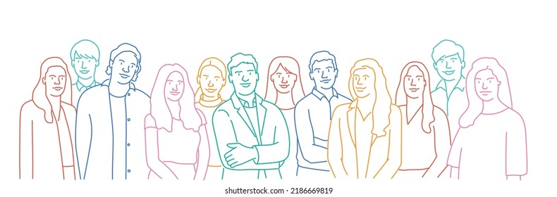 Multicultural community - crowd of people standing together. Hand drawn vector illustration.