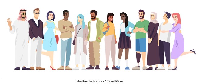 Multicultural community flat vector illustration. Different nationalities representatives cartoon characters. International peace, cooperation, partnership. National diversity in modern society