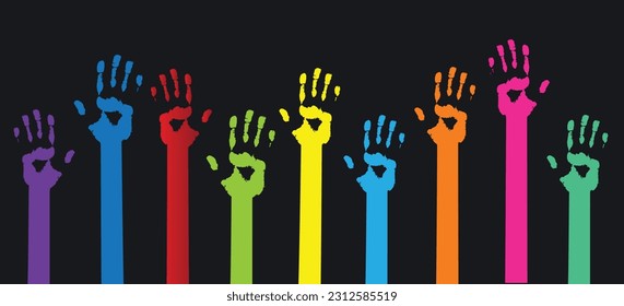 Multicultural community integration. Diverse multiethnic people groups raised arms and hands. Hand rised Rainbow on Black Background