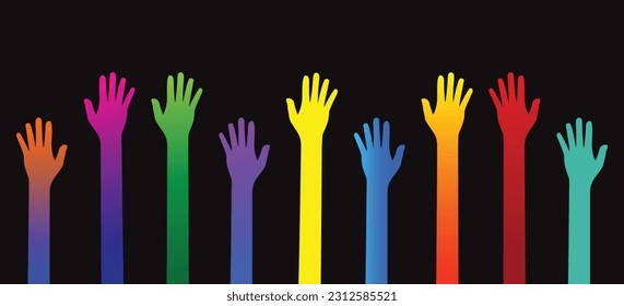 Integración multicultural de la comunidad. Diversos grupos multiétnicos levantaron las armas y las manos. La mano alzó el arcoiris sobre fondo negro