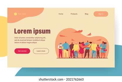 Multicultural community members. Family with kids, diverse multinational crowd of old and young people standing together. Vector illustration for civil society, diversity, inclusion concept