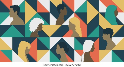 Multicultural community of people. Teamwork, cooperation, racial equality concept. Abstract geometric banner.

