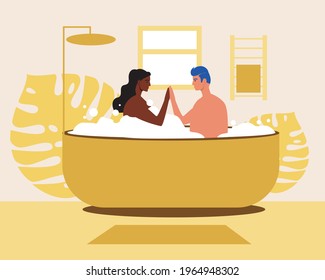 Multicultural couple in the bath. Flat vector stock illustration. Foam bath at home. Couple in love. Romance at home. Afro woman with boyfriend together. Vector graphics