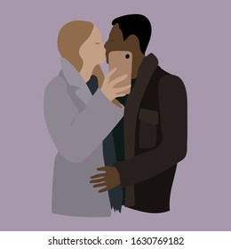 Multicultural couple hugs and shows affection. Young man and women in love flat abstract illustration. 