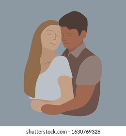 Multicultural couple hugs and shows affection. Young man and women in love flat abstract illustration. 
