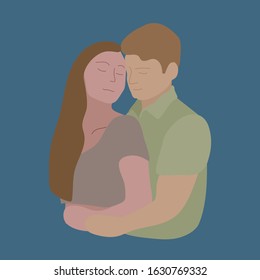Multicultural couple hugs and shows affection. Young man and women in love flat abstract illustration. 